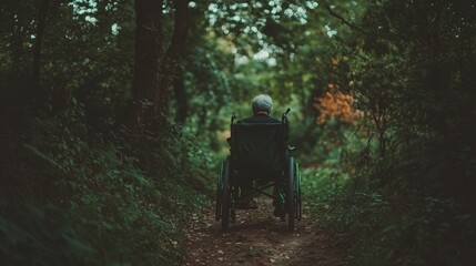 Obraz premium Lush greenery in a serene park surrounds a peaceful path where a green wheelchair is carefully placed