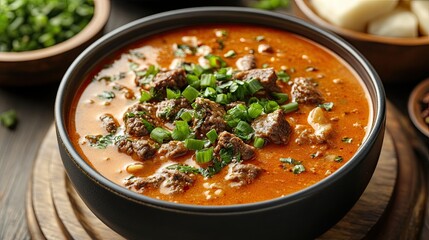 Hearty beef soup with creamy broth topped with green onions. 