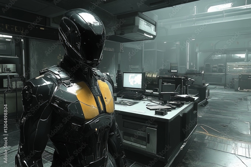 Poster futuristic humanoid figure stands in a high-tech laboratory filled with advanced equipment and scree