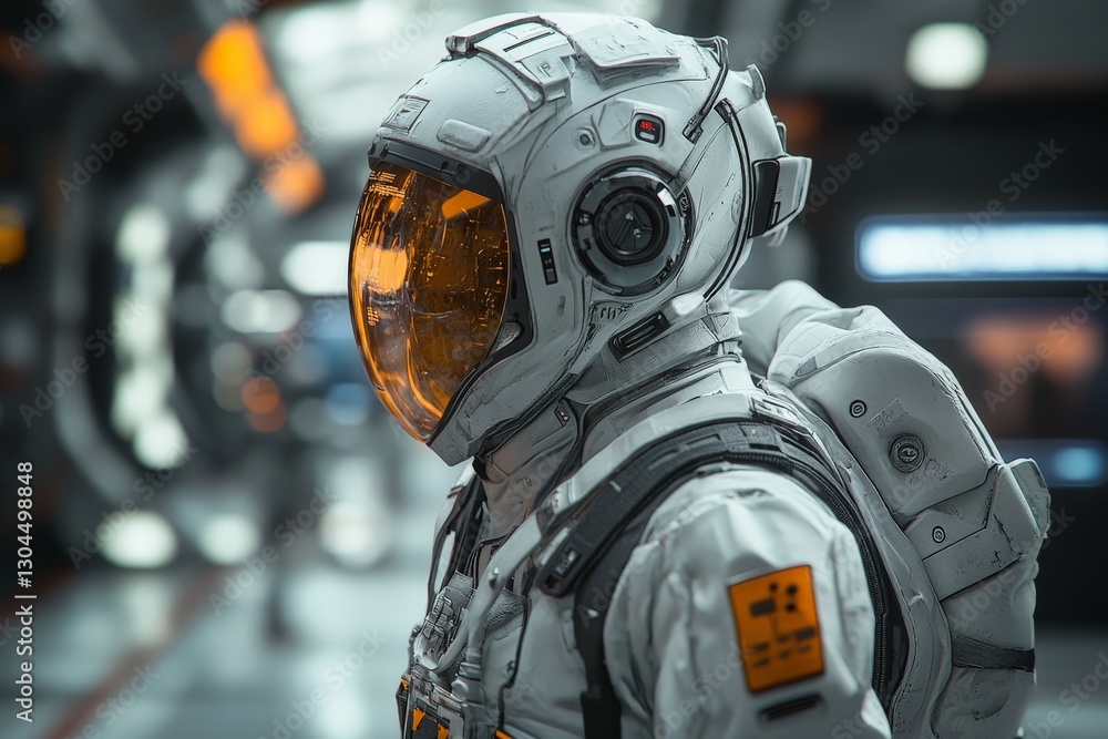 Poster astronaut in futuristic space suit explores a high-tech interstellar spacecraft corridor