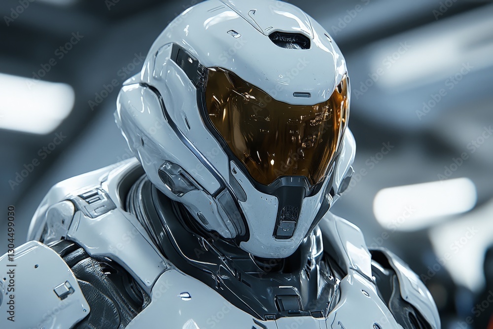 Poster Futuristic armored figure with sleek design in a high-tech environment captured during a sci-fi themed event