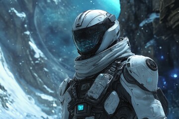 Space explorer in futuristic suit on icy alien planet under a swirling atmosphere with stars and cosmic phenomena