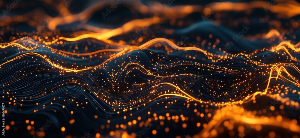 Poster abstract glowing waves with orange particles and flowing lines in dark background