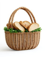 Wicker Basket Filled With Sliced Bread And Fresh Greens