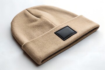 Minimalist beige knit beanie with a blank black leather patch on the brim. A stylish and neutral mockup ideal for branding, embroidery, or logo presentation in a modern fashion style.