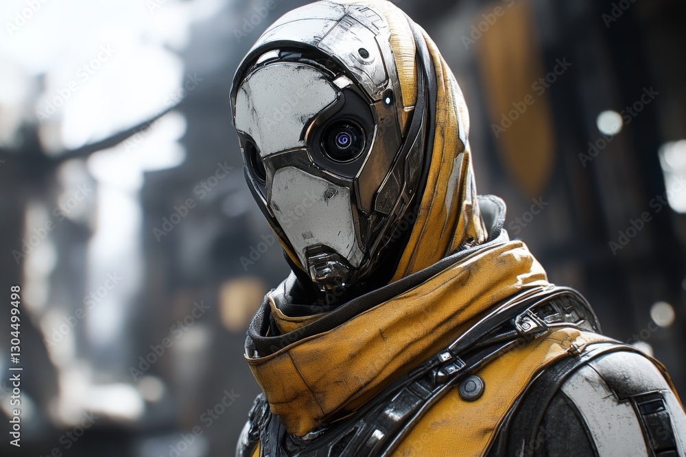 Aufkleber futuristic robot character with metallic features and yellow scarf in a cyberpunk city environment