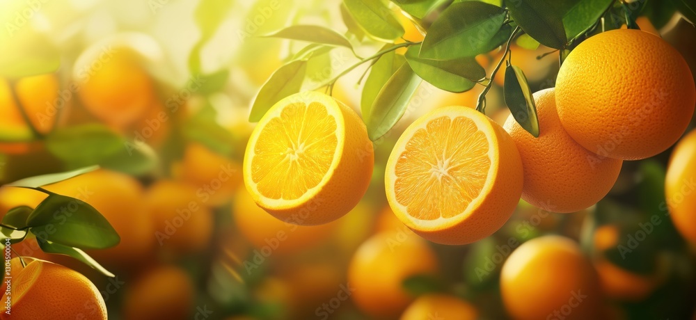 Poster fresh oranges hanging on tree branches in vibrant orchard setting