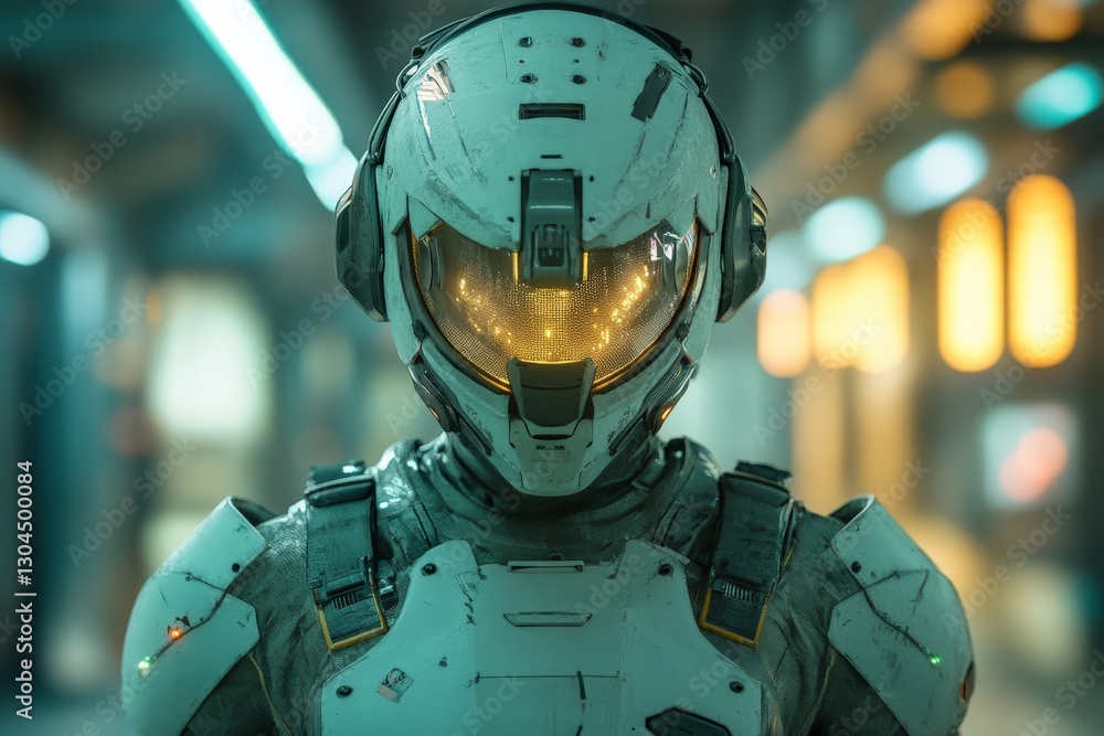 Poster futuristic soldier in advanced armor stands ready in a high-tech environment during a mission briefi