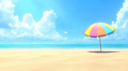 Fototapeta premium Serene Beach Paradise: A Colorful Umbrella on a Sunny Day
