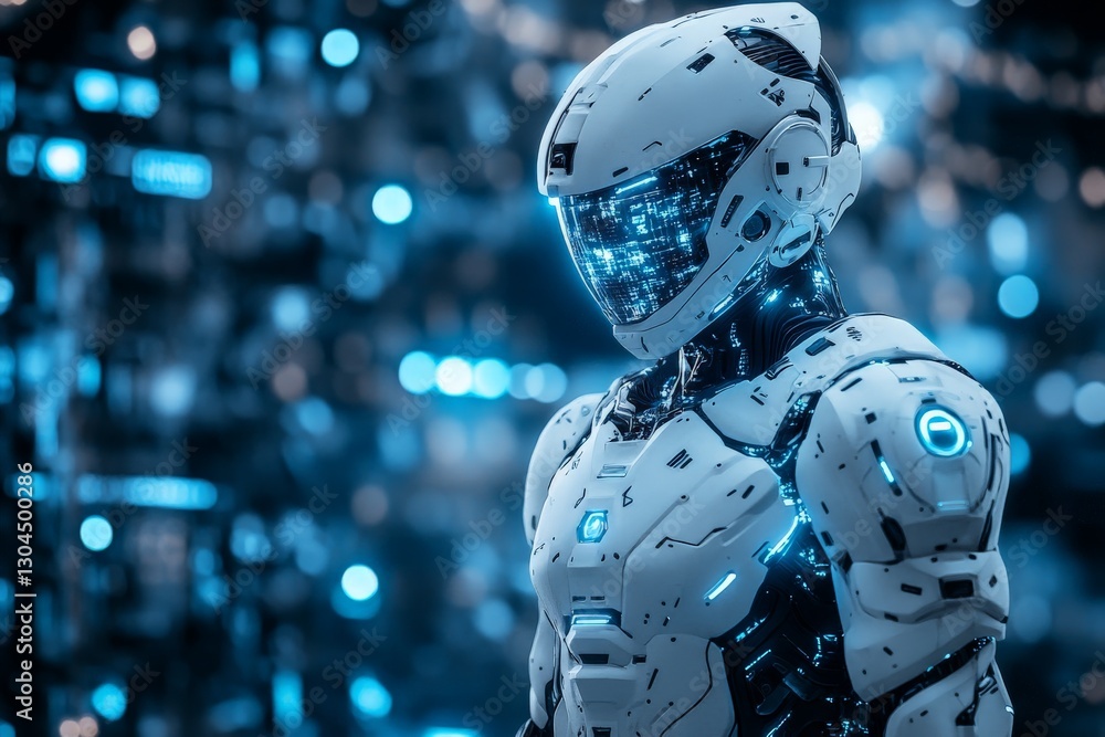 Aufkleber futuristic humanoid robot stands amidst glowing technology in a cybernetic environment at night