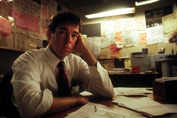 Obraz premium Man in Office Deep in Thought Surrounded by Papers and Notes