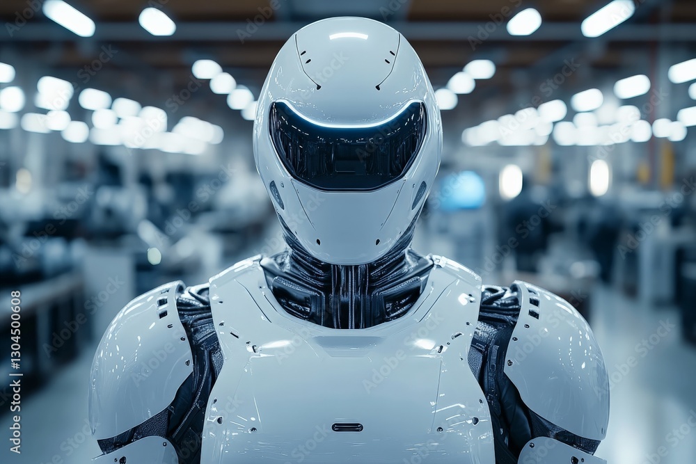 Poster advanced humanoid robot in a modern industry setting showcasing futuristic technology and design
