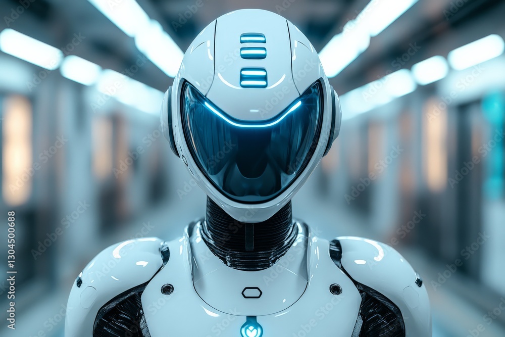 Aufkleber futuristic humanoid robot stands in a sleek, modern corridor illuminated by blue lights in an advanc