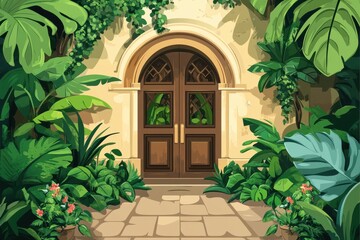 Serene Tropical Entrance Surrounded by Lush Greenery and Plants