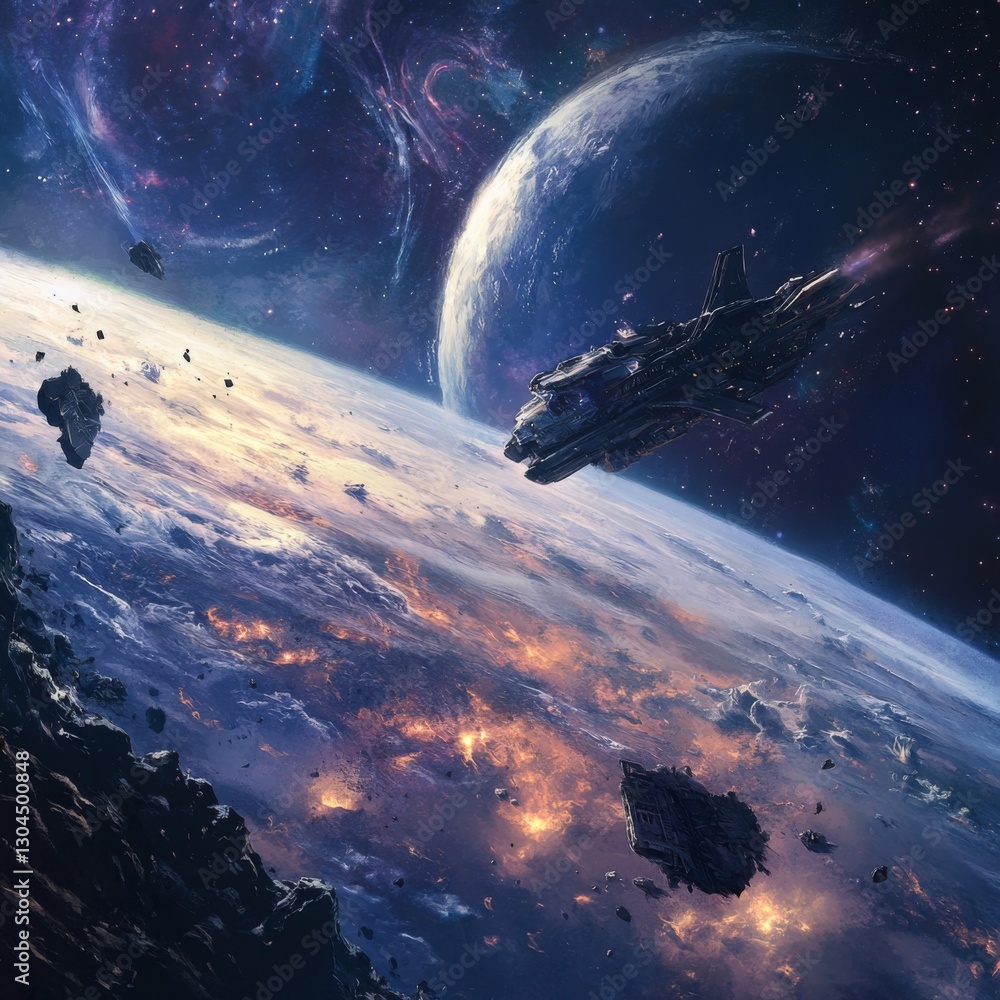 Poster spaceship orbiting a planet amidst asteroids and nebula