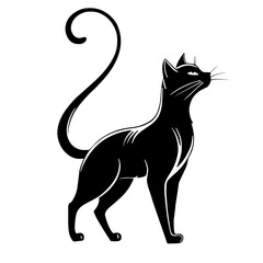 Graphic illustration of a full-length black cat, with a curved tail, emphasizing its grace and elegance, on a white isolated background