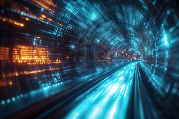 A futuristic journey through a virtual tunnel, with abstract data networks and digital light beams flowing past, symbolizing the next frontier of virtual reality and quantum technology.