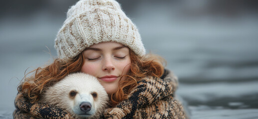 Woman with red hair and white dog in cold water, winter scene.