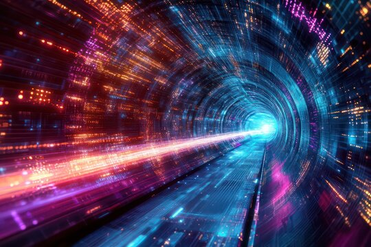 A futuristic journey through a virtual tunnel, with abstract data networks and digital light beams flowing past, symbolizing the next frontier of virtual reality and quantum technology.
