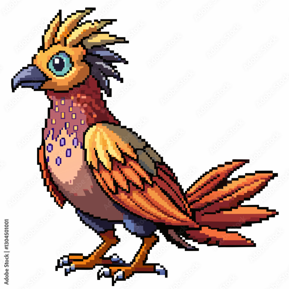 Poster vibrant pixel art bird with colorful feathers in retro game style