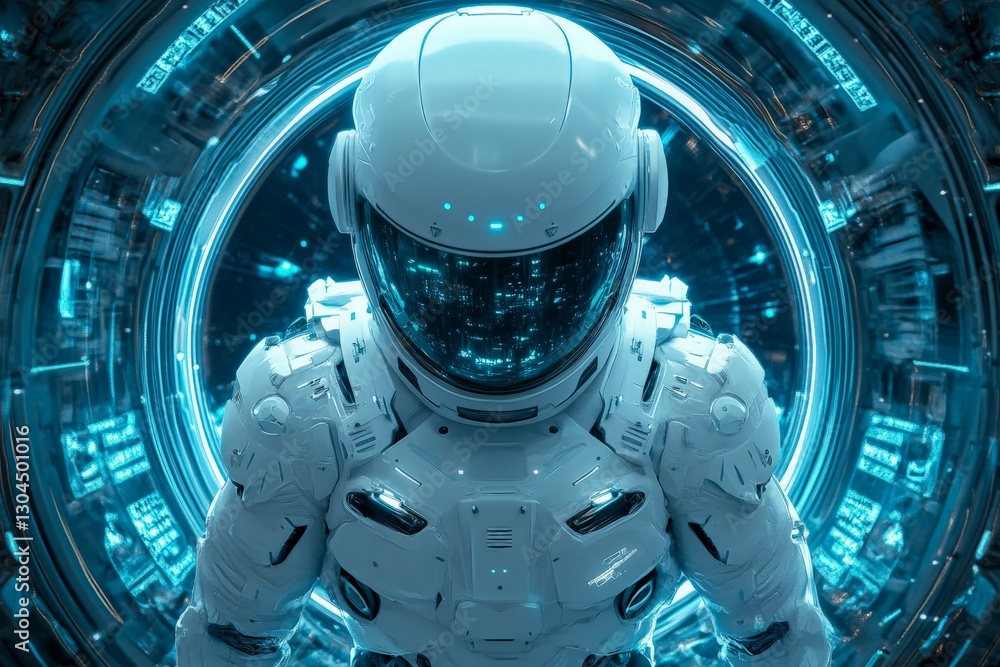Poster Futuristic astronaut in advanced space suit exploring a high-tech environment