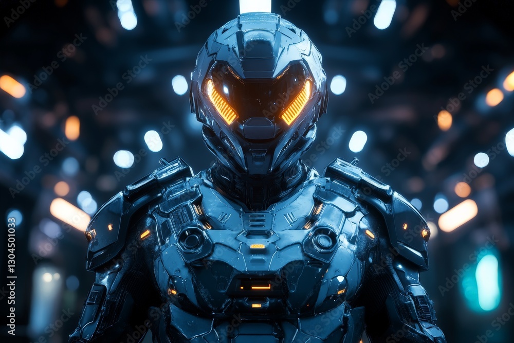 Poster futuristic armored soldier in a high-tech environment showcasing advanced technology and design