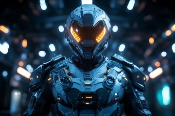Fototapeta premium Futuristic armored soldier in a high-tech environment showcasing advanced technology and design