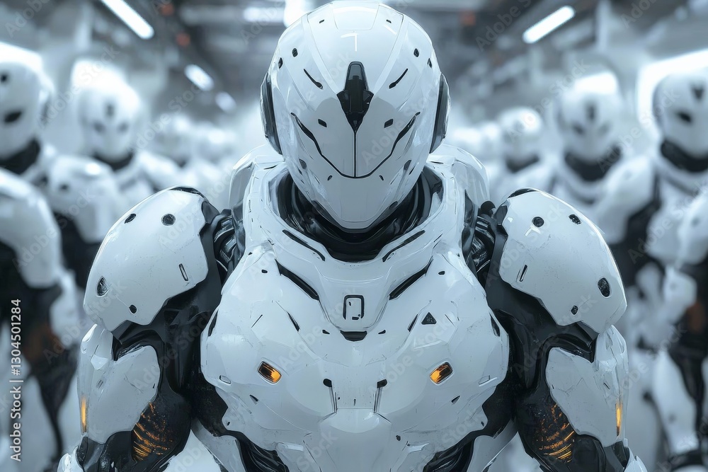 Poster futuristic humanoid robots in a high-tech facility showcasing advanced design and technology