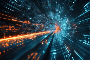 A futuristic journey through a virtual tunnel, with abstract data networks and digital light beams flowing past, symbolizing the next frontier of virtual reality and quantum technology.