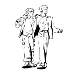 two friends, sketch, fashionable guys, design illustration, print, bw