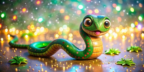 Fototapeta premium Cute Wooden Snake New Year's Charm: Whimsical Green-Eyed Reptile Festive Decoration