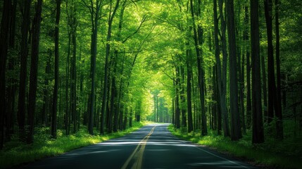 Obraz premium Serene Forest Road: A Picturesque Drive Through Lush Greenery