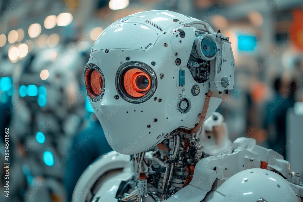 Aufkleber robotic figure with expressive features showcased at a technology exhibition