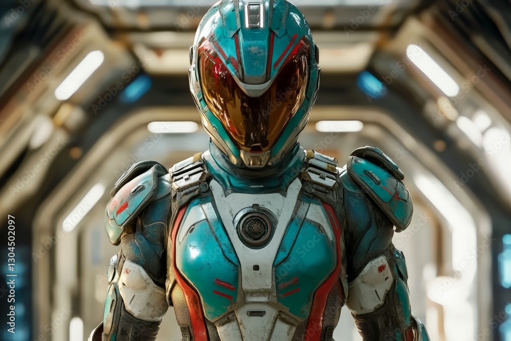 Poster futuristic astronaut ready for exploration in a high-tech space environment with intricate suit deta