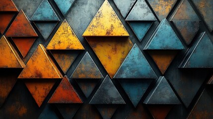 Rustic metallic triangles create a textured geometric pattern with warm gold and cool blue hues.. AI Generated