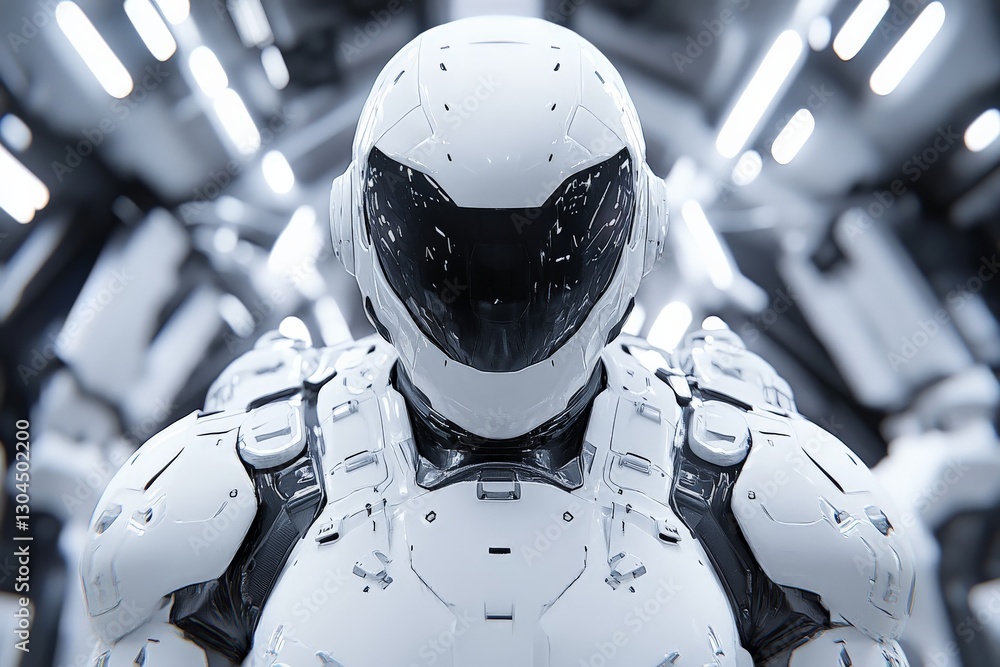 Aufkleber Futuristic humanoid robot in sleek white armor ready for advanced missions in a high-tech environment