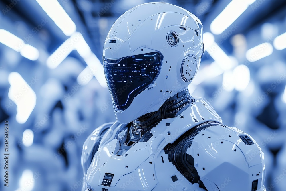 Aufkleber futuristic android standing in a high-tech laboratory with glowing lights and advanced technology in