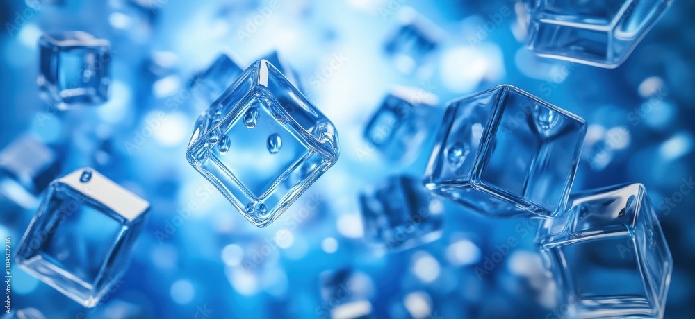 Poster floating ice cubes in blue background creating a refreshing and cool atmosphere