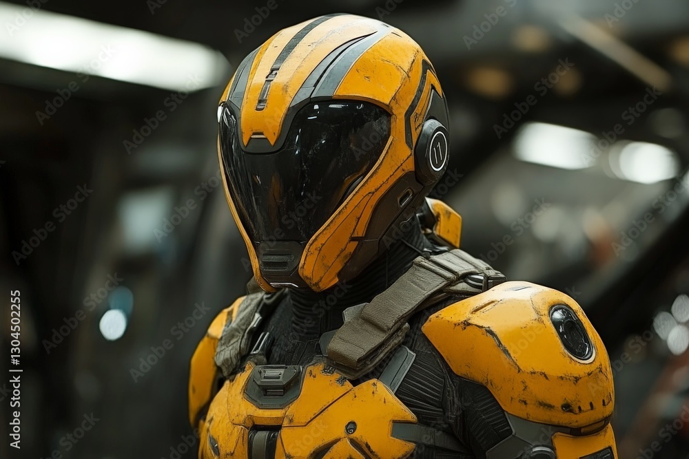 Aufkleber Futuristic yellow armored suit displayed in a high-tech environment showcasing advanced design features and intricate detailing