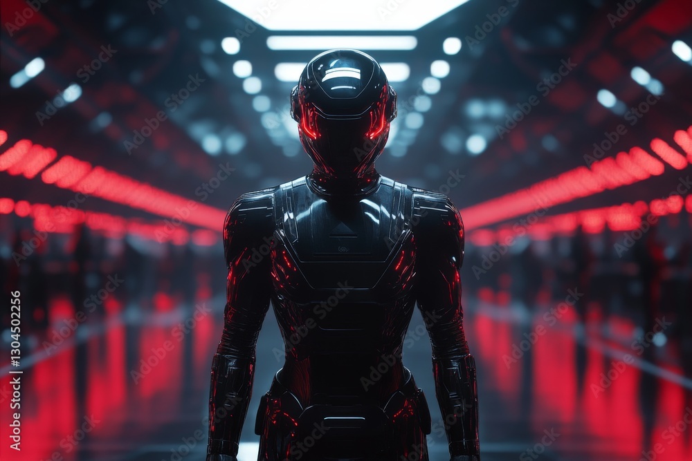 Poster futuristic humanoid robot stands in a high-tech corridor with red lighting and reflective surfaces