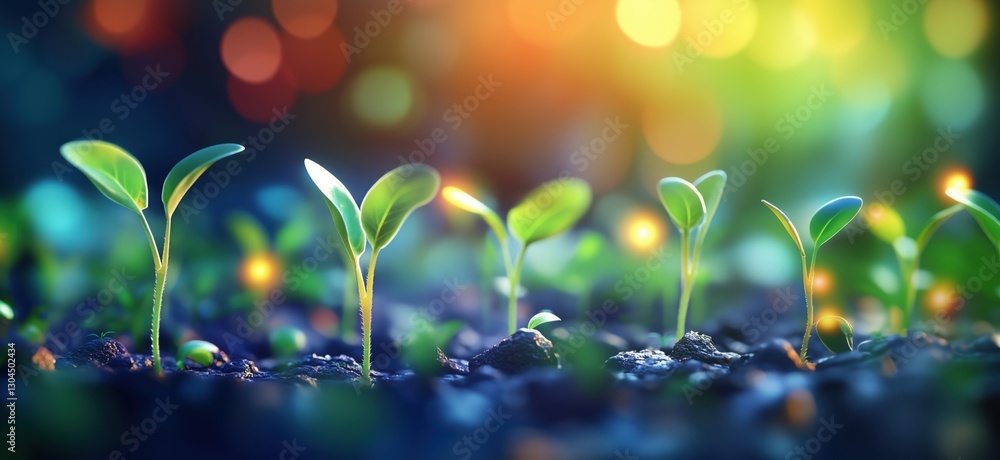 Poster vibrant seedlings emerging from soil with colorful bokeh background