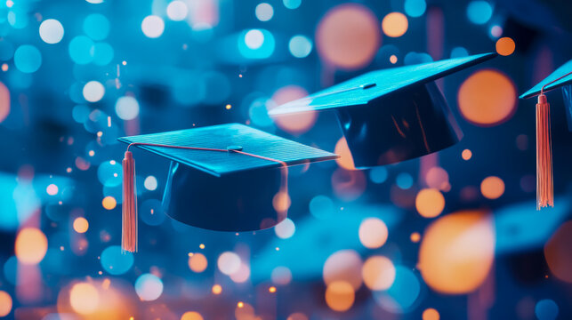 Celebratory Graduation: Academic achievement with caps floating amongst bright celebratory light ideal for ceremony invite or school promotion