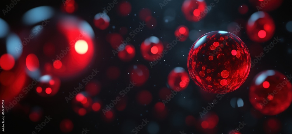 Poster red glowing cells in abstract digital space with bokeh effect and depth of field