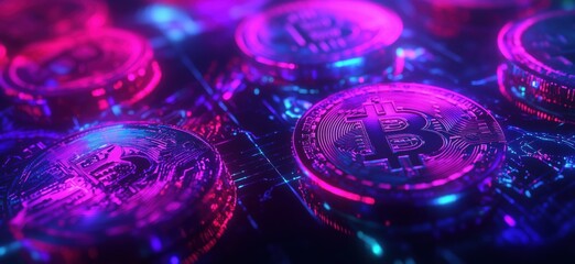 Bitcoin cryptocurrency coins glowing in neon colors on digital circuit background