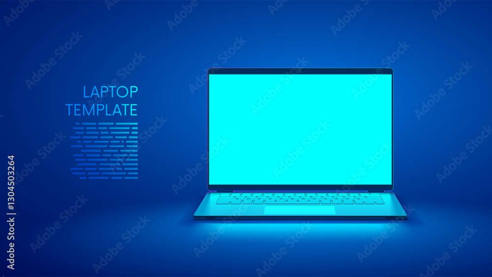 Poster laptop empty screen on desk on blue background. laptop vector front view. front open cyan screen gam