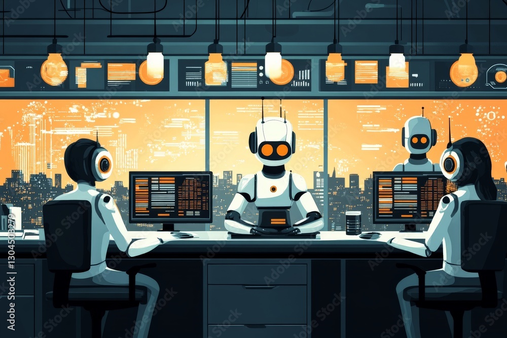 Poster robots in a futuristic control room collaborating on complex tasks in a vibrant cityscape