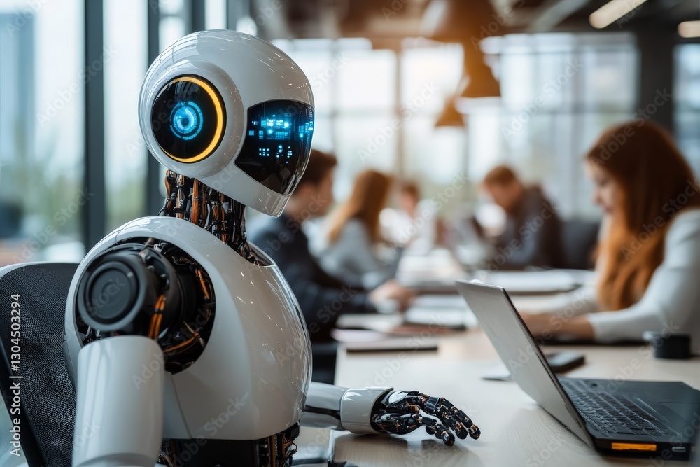Poster modern robotic assistant helps in a collaborative office environment during daytime business hours