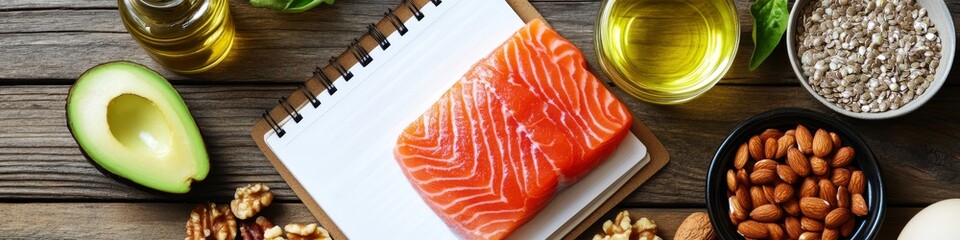 Keto Diet Products On A Wooden Background. Salmon, Avocado, Almonds, Notepad, Top View.