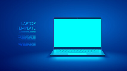 Laptop empty screen on desk on blue background. Laptop vector front view. Front open cyan screen gaming laptop mock up. Vector template blank screen notebook in blue light. Laptop mockup.