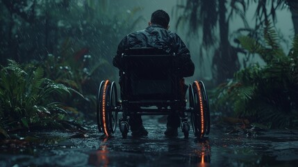 A wheelchair with a futuristic design, glowing orange accents, and a sleek silhouette is positioned against a blurred green background, demonstrating a commitment to technological innovation and
